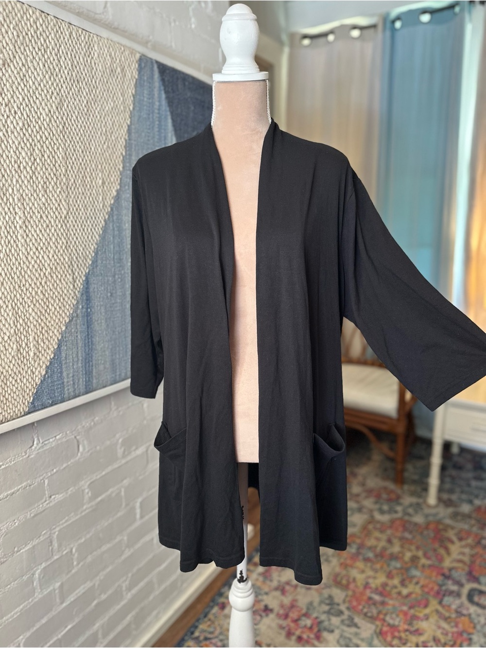 Shiali Black Knit Open Front ¾ Sleeve Cardigan - Picture 3 of 12